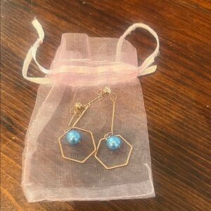 Elegant Blue and Gold Hexagon Earrings